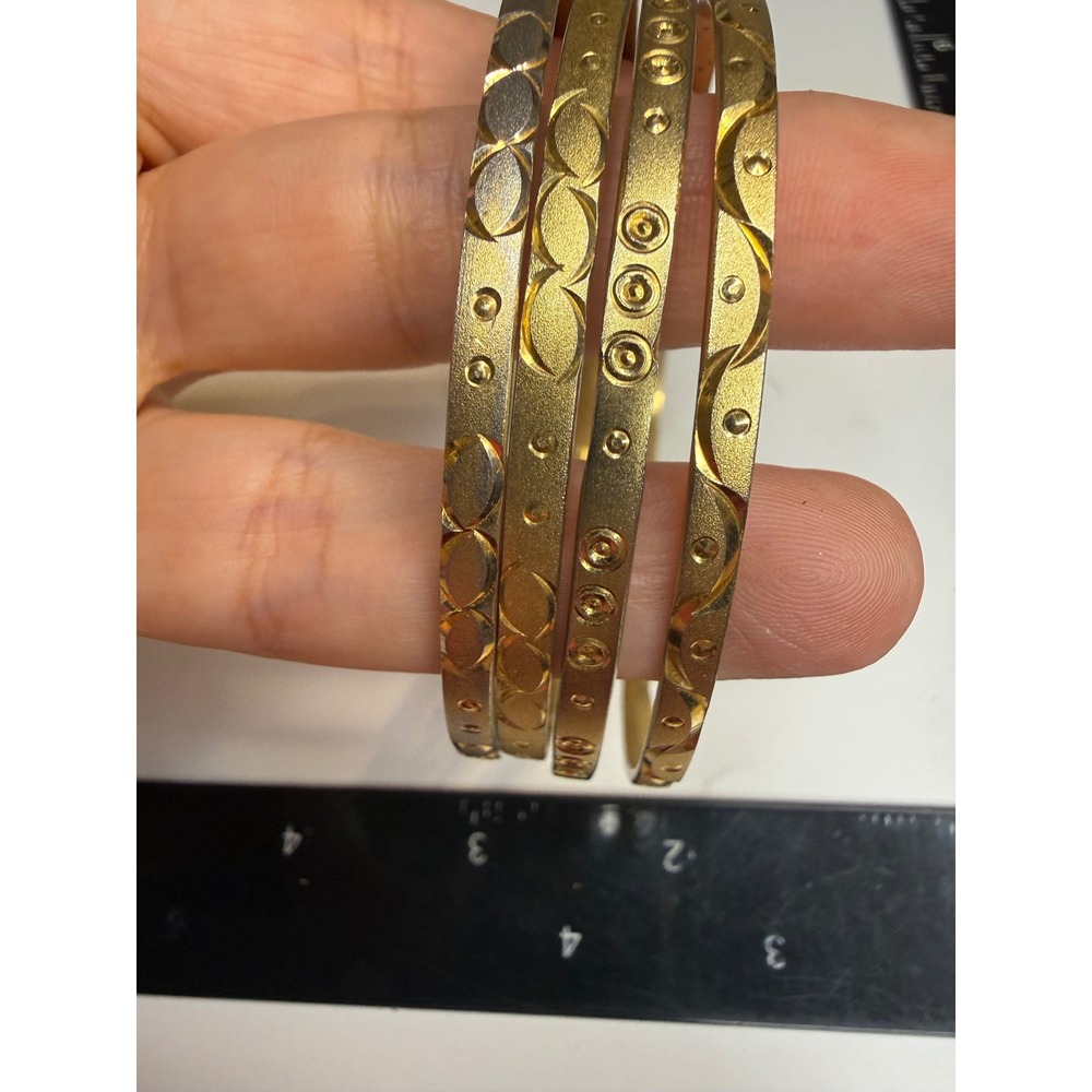 Gold Tone Etched Bangle Bracelet Set of 4 Geometric Textured Stacking Bands